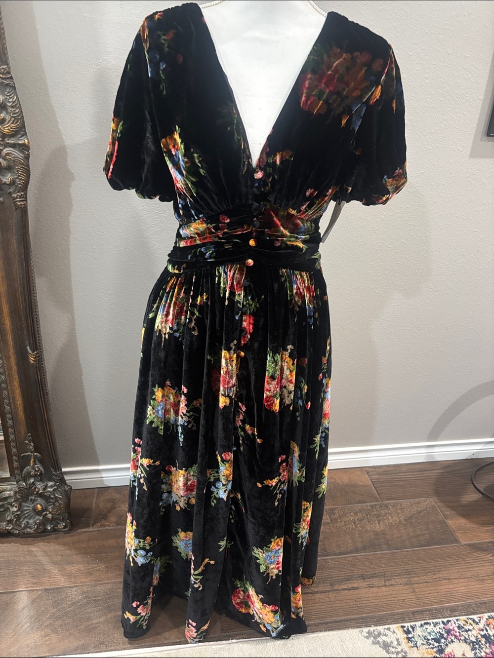 Anthropologie Black Velvet Midi Dress with Multicolor Floral Print
